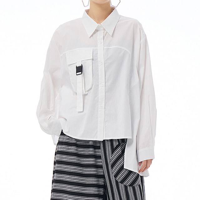 KUMI-Long-Sleeve Plain Buckled Shirt