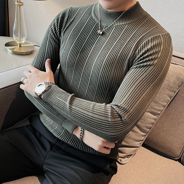Lefitt-Long Sleeve Mock Neck Plain Ribbed Knit Top