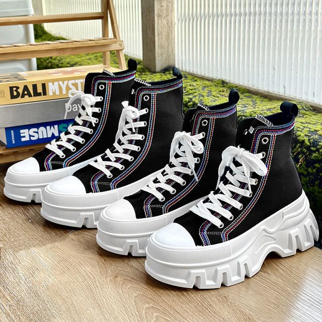 Tanzanite-Platform Contrast Stitch Canvas High Top Sneakers