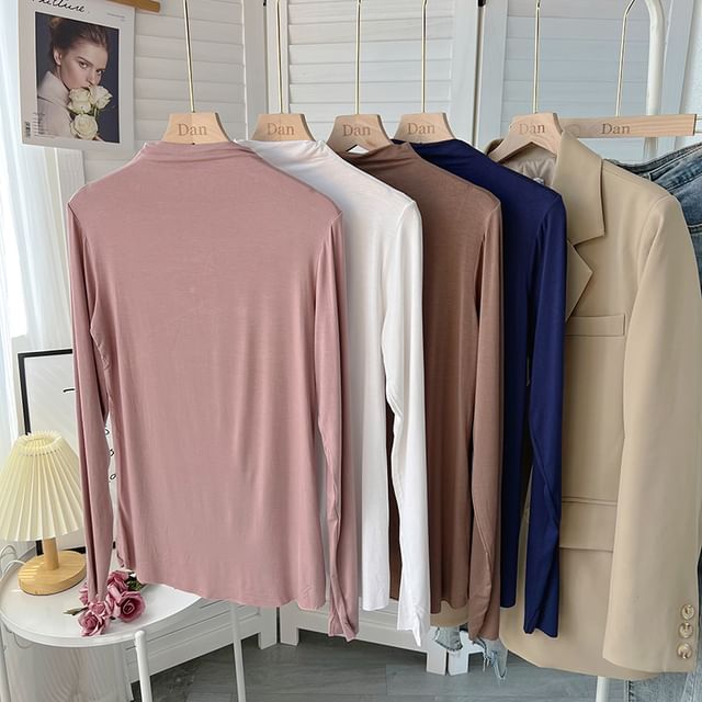 DIYI-Long Sleeve Mock Neck Plain T-Shirt