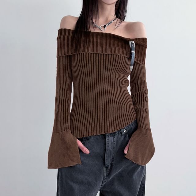 Honet - Bell Sleeve Off-Shoulder Plain Ribbed-Knit Slim-Fit Knit Top ...
