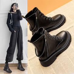 Belbie - Faux Leather Lace-Up Platform Ankle Boots Belbie - Faux Leather Lace-Up Platform Ankle Boots