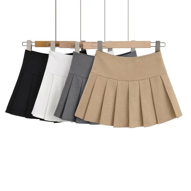 Opuscule-High Waist Plain Pleated Mini A-Line Skirt
