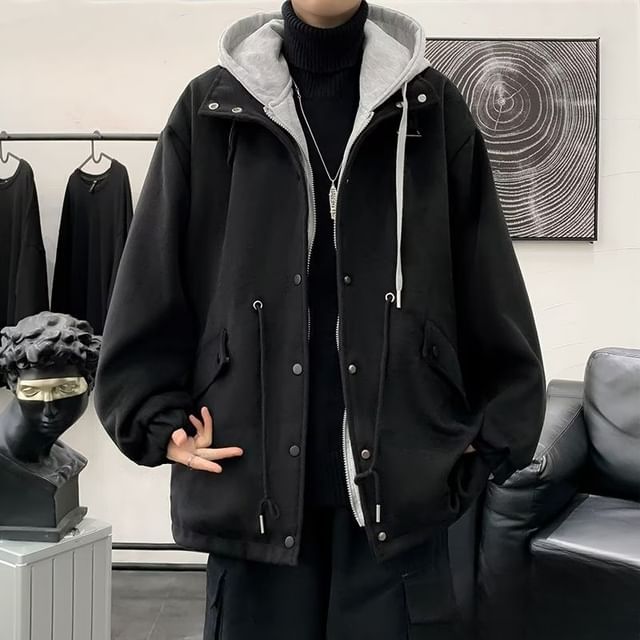 Real Boy-Hooded Mock Two Piece Button Up Jacket