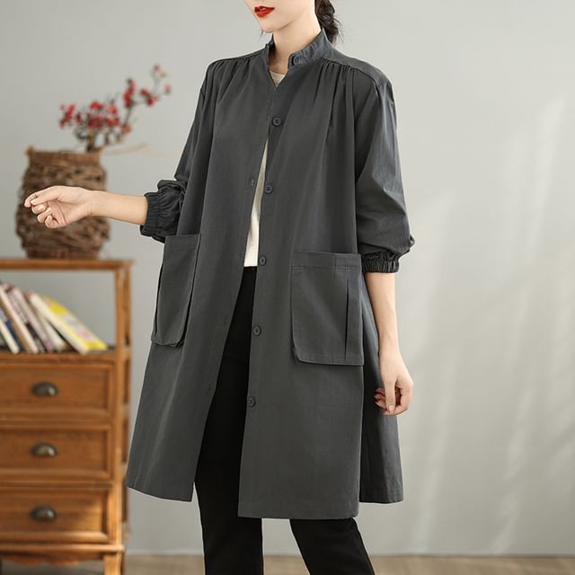 Lewwe-Stand Collar Plain Single-Breasted Trench Coat