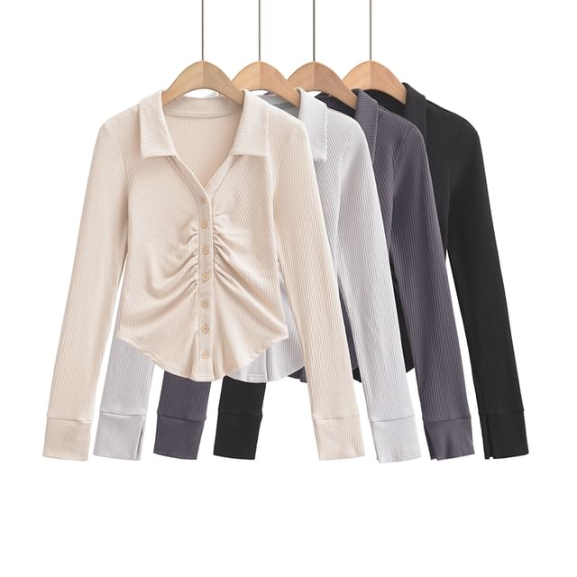 Ulark-Long Sleeve Collared V-Neck Plain Ruched Crop Shirt
