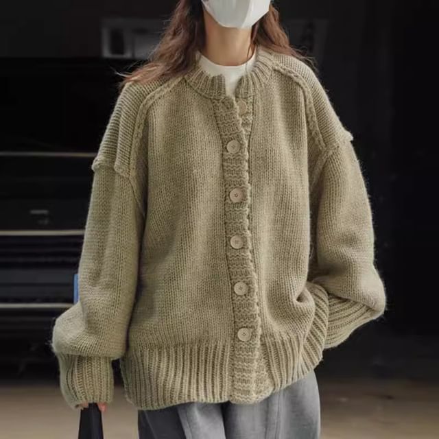 MIKIGA-Long Sleeve Crew Neck Plain Oversized Cardigan