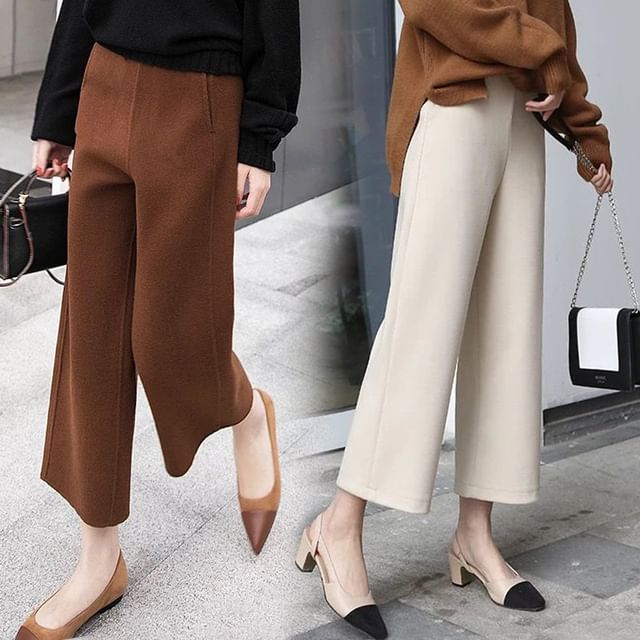 Odestra-High Waist Plain Cropped Wide Leg Pants