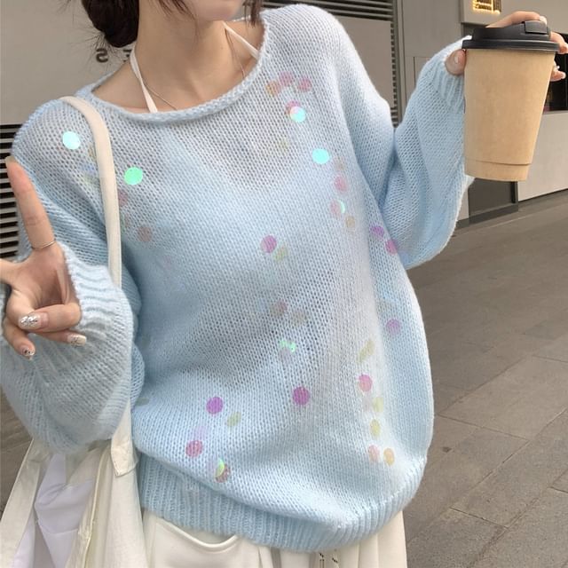 Trendycas-Long-Sleeve Round Neck Sequined Knit Top