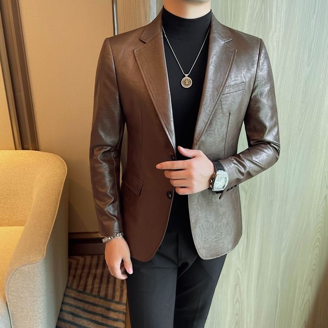 Blueforce-Plain Faux Leather Single-Breasted Blazer