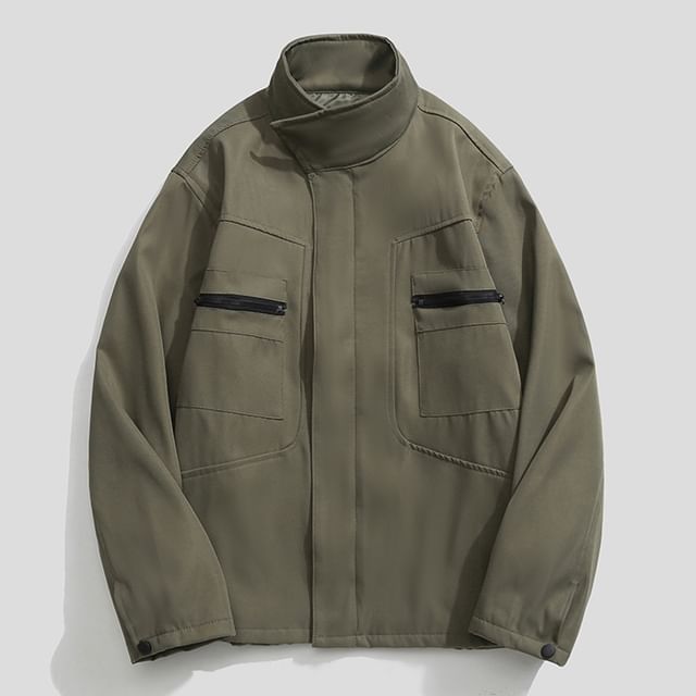 purplelouve-Stand Collar Plain Panel Zip Jacket