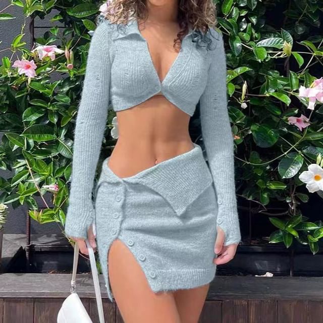 HERMITAKH Set: Long-Sleeve Collared Plain Buttoned Crop Knit Top