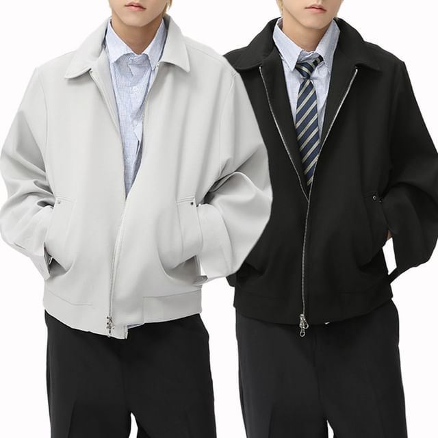 FAERIS-Set Mock Two-Piece Collared Plaid Panel Zip-Up Jacket Necktie