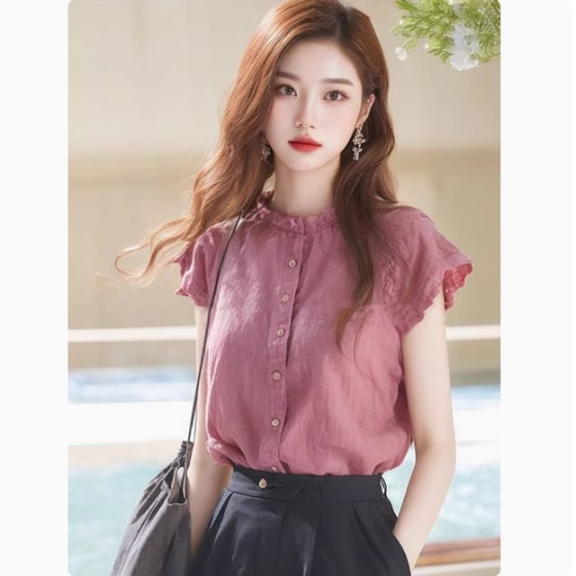 Jeonseon-Cap Sleeve Stand Collar Plain Blouse
