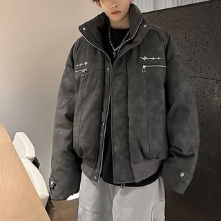Freehop-Stand Collar Plain Zip Puffer Jacket
