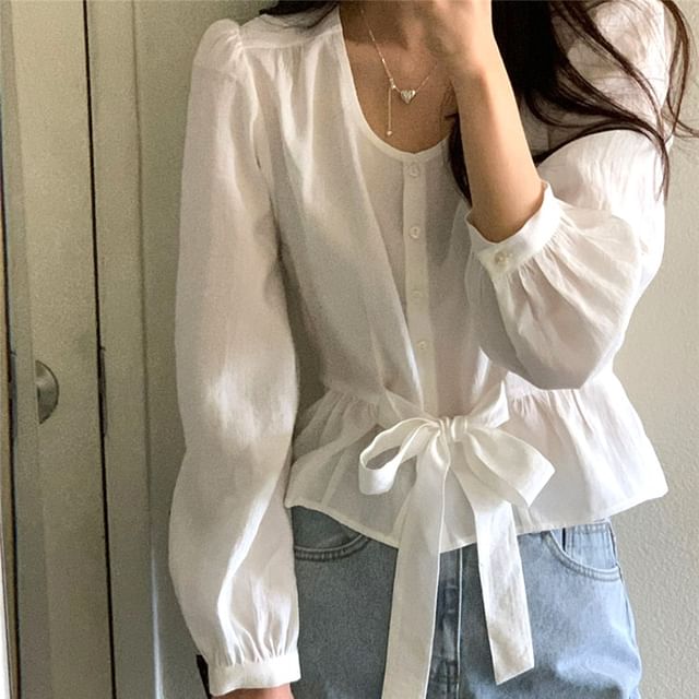 ISSOL-Puff-Sleeve Plain Tie Front Shirt