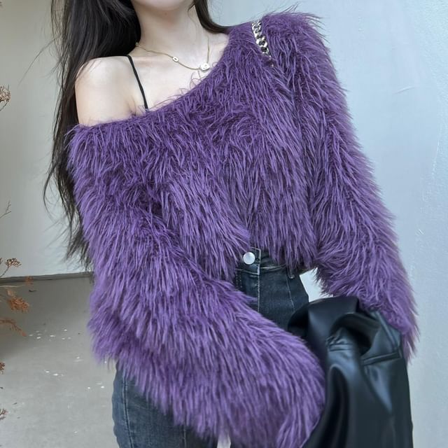 Odestra-Cold Shoulder Plain Fluffy Sweater