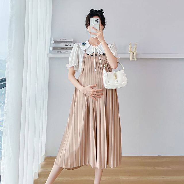NOA - Maternity Plain Pleated Midi Overall Dress / Puff-Sleeve Flower Embroidered Blouse / Set | YesStyle NOA - Maternity Plain Pleated Midi Overall Dress / Puff-Sleeve Flower Embroidered Blouse / Set | YesStyle
