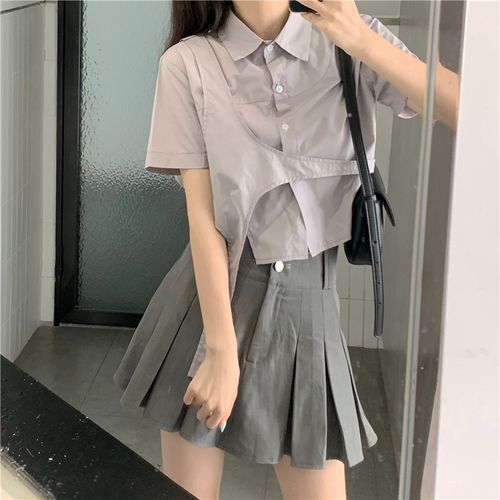 PINPI - Short-Sleeve Asymmetric Plain Shirt / High-Waist Plain