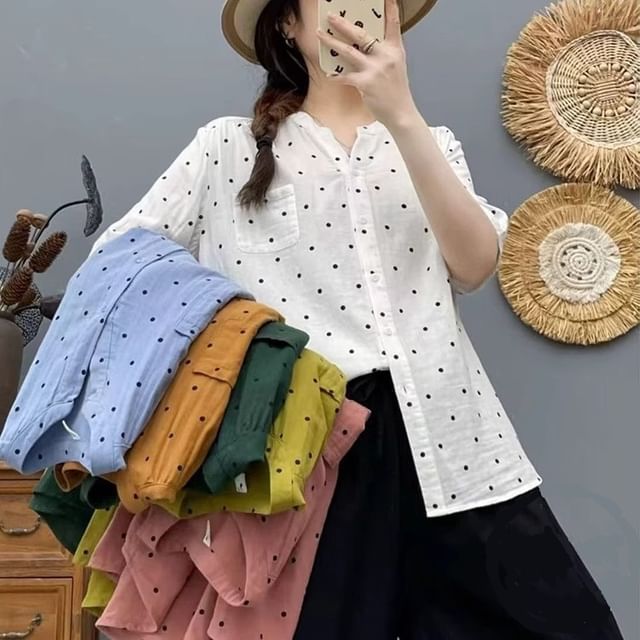 PANDAGO-Elbow-Sleeve Notch Neck Dotted Button Up Blouse