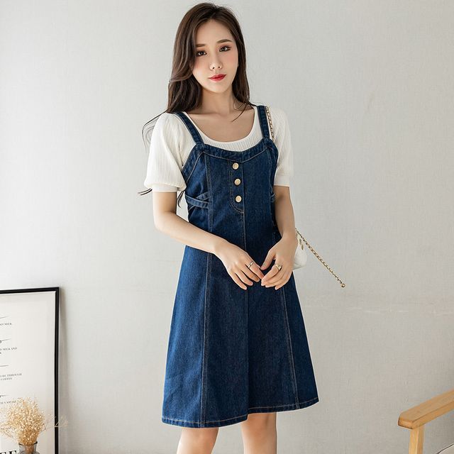 Denim dungaree best sale dress knee length