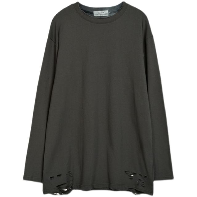 CHIC ERRO-Couple Matching Long Sleeve Crew Neck Plain Distressed Tee