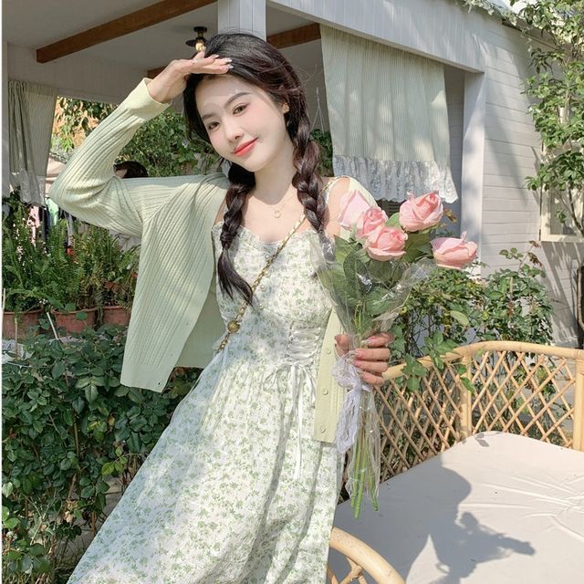 Colorvio Plain Ribbed Cardigan Spaghetti Strap Floral Lace-Up