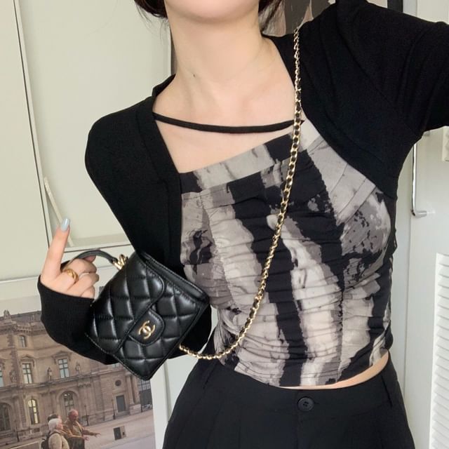 Essere-Long-Sleeve Square Neck Tie Dye Crop Top