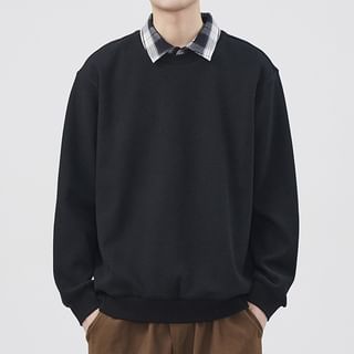 Nataro-Mock Two-Piece Collared Plaid Panel Sweatshirt