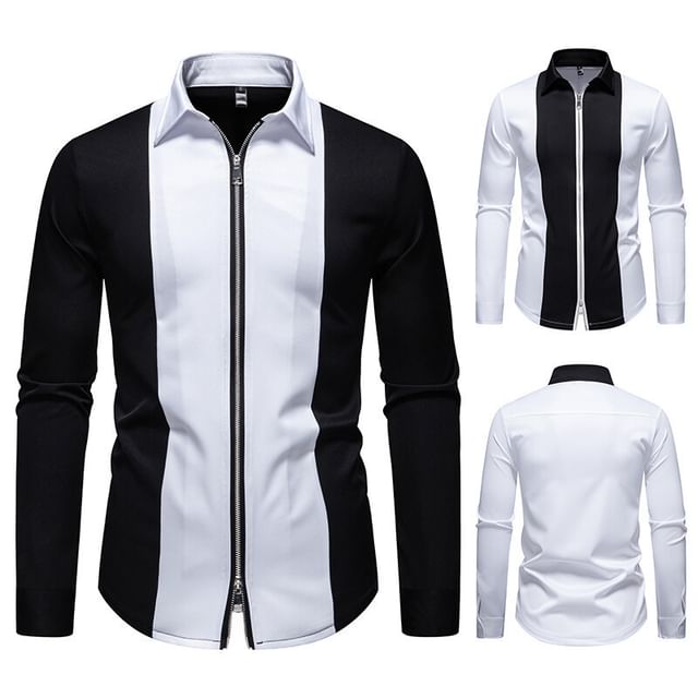 Blueforce-Long Sleeve Collared Two Tone Zip Up Shirt