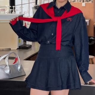 Zeedaren Plus Size Long-Sleeve Bow Embroidered Denim Shirt / High Waist Mini A-Line Skirt / Plain Capelet / Set Sale