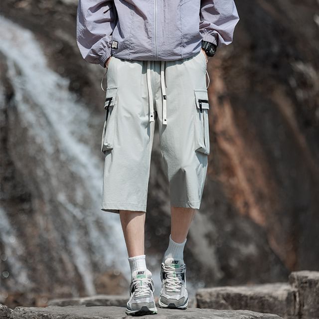 Dandyluxe-Drawstring Waist Plain Capri Straight Leg Cargo Pants
