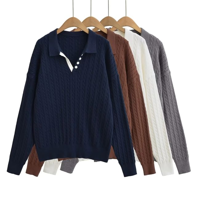 Asiris-Open Placket Cable Knit Polo Sweater