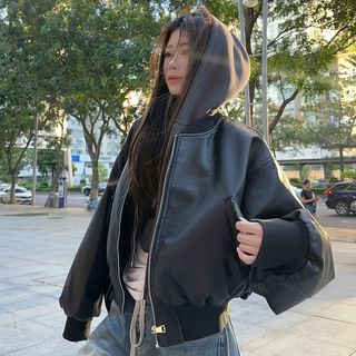 Joyciful Plain Zip-Up Hoodie / Faux Leather Bomber Jacket Sale