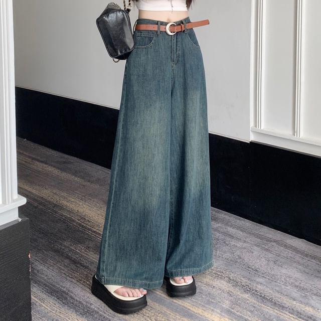 Lewwe-Mid Rise Washed Wide Leg Jeans