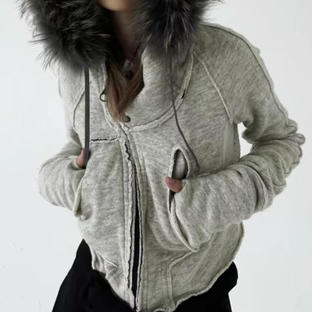 Honet-Long Sleeve Plain Distressed Zip-Up Jacket