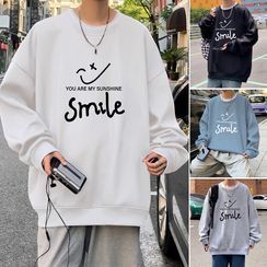 Fizze - Long-Sleeve Crew Neck Smiley Face Print Sweatshirt