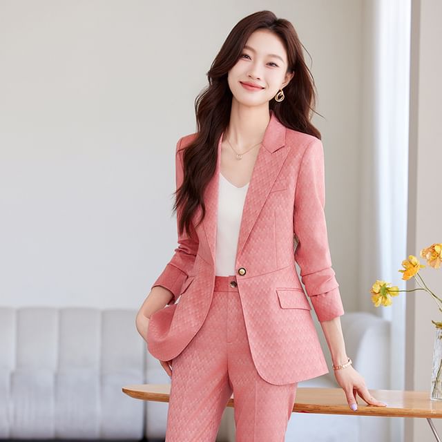 Princess Min-Set Peak Lapel Plain Jacquard Single Breasted Blazer High Waist Wide Leg Slacks