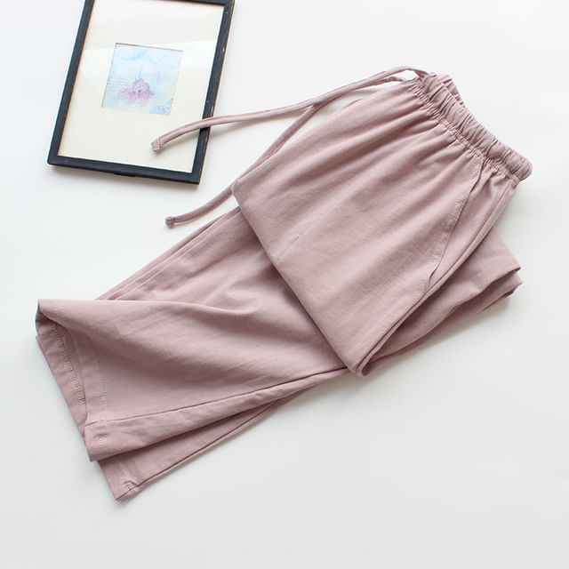 Dogini-Drawstring Waist Plain Straight Leg Pajama Pants