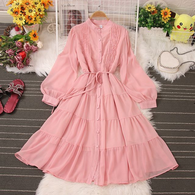 Knutsford PuffSleeve Plain Tie Waist Midi Shirt Dress YesStyle