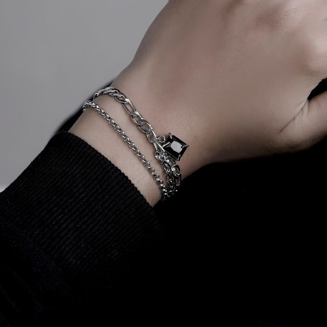 Black Degree-Square Rhinestone Stainless Steel Bracelet