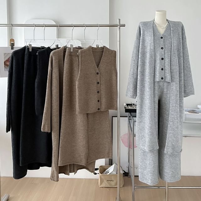 Hevnir-Set Plain Midi Open Front Cardigan Single-Breasted Sweater Vest High Waist Wide Leg Pants