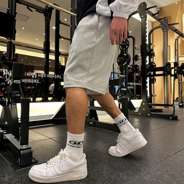 Okwano-Drawstring Waist Plain Sweat Shorts