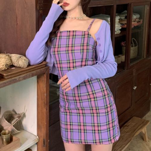 monroll Spaghetti Strap Plaid Mini A Line Dress Cropped