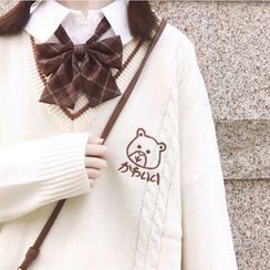 Snow Goose - Plain Shirt / Plaid Bow Tie / Bear Embroidered Knit Vest / Sweater / Set Snow Goose - Plain Shirt / Plaid Bow Tie / Bear Embroidered Knit Vest / Sweater / Set
