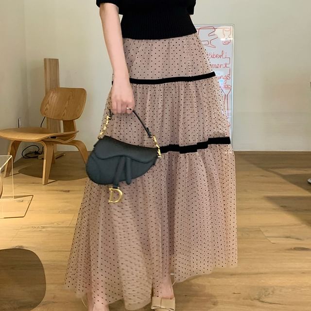 Coris-High Waist Dotted Mesh Maxi A-Line Skirt