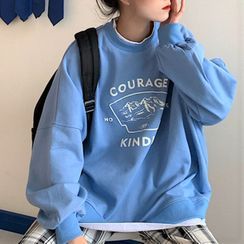 Mushini - Mock Two-Piece Lettering Print Sweatshirt Mushini - Mock Two-Piece Lettering Print Sweatshirt