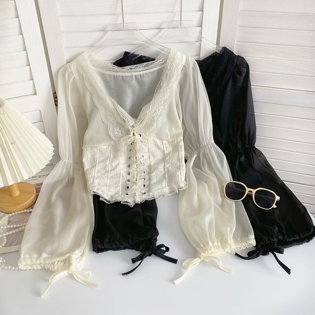 Iasia-V-Neck Plain Lace Trim Bustier Blouse