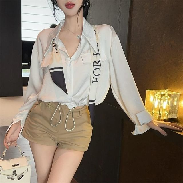 Whoosh-Set Long-Sleeve Collared Drawstring Hem Button-Up Plain Crop Blouse Scarf