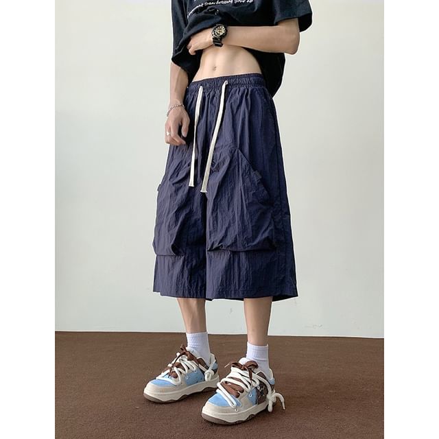 farrahces-Drawstring Waist Plain Cargo Shorts